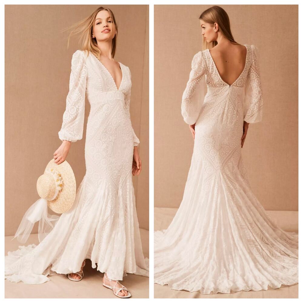 BHLDN Vale Wedding Dress 6 Boho Lace Long Sleeve Mermaid Bridal Gown